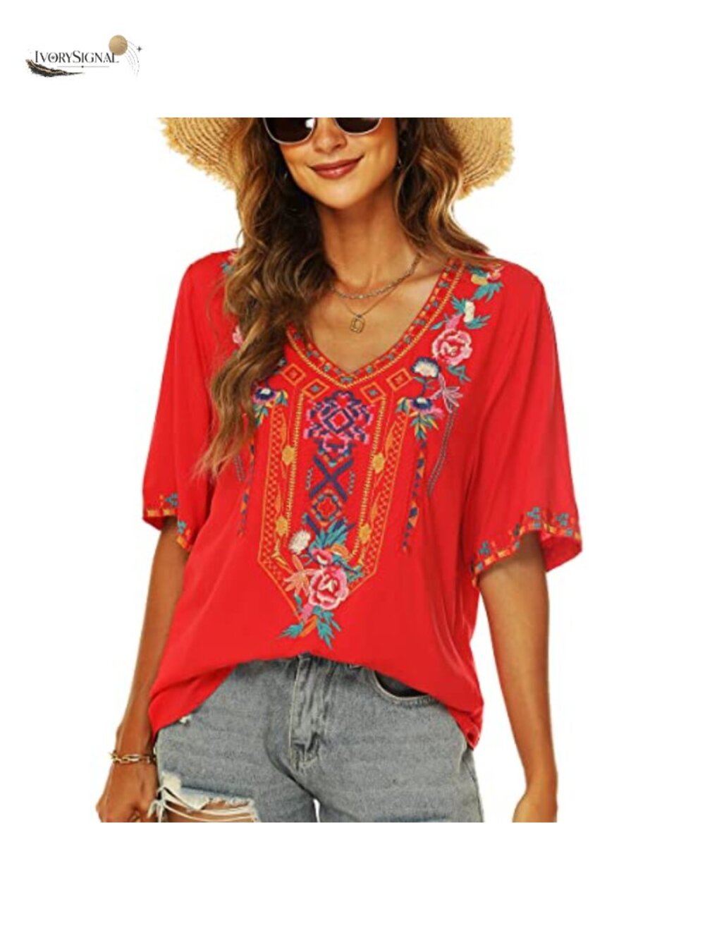 Mexican Embroidered V-Neck Boho Blouse Short Sleeve Floral Tunic Top